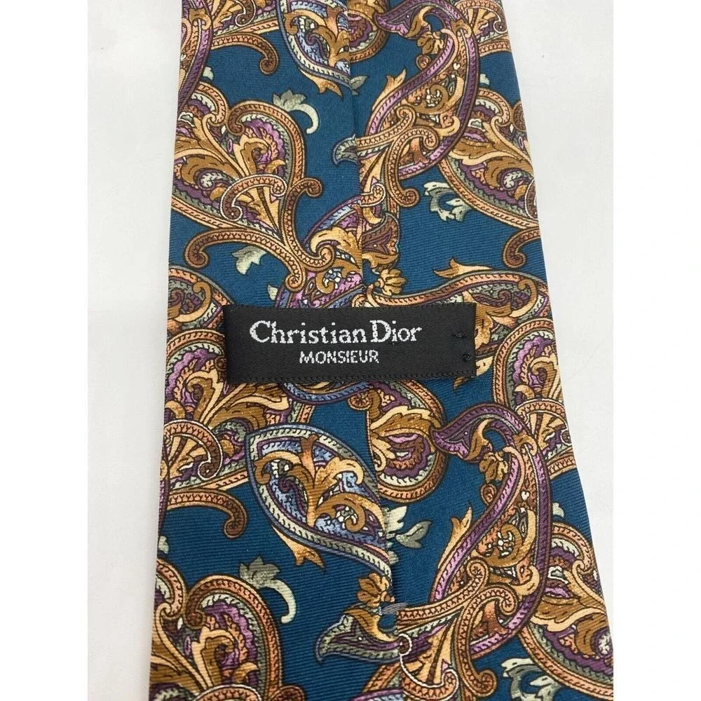 Christian Dior Necktie Gold Monsieur Silk Paisley Hand Finished Woven USA Made